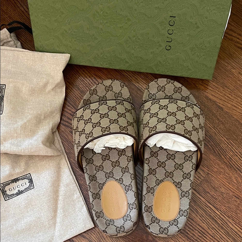 Gucci Beige and Brown Monogram Slide Sandals